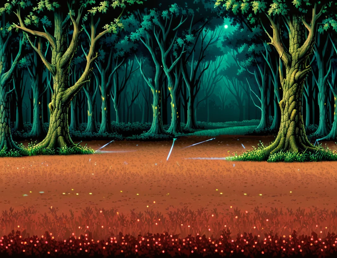 Side view of a forest battleback, background, clean floor, medieval forest battleback, at night, side-view, masterpiece, trees in background