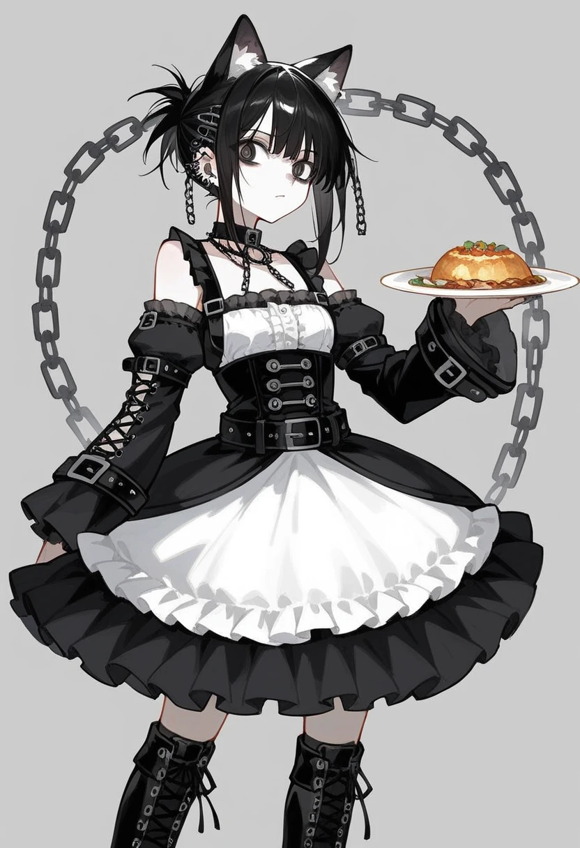 NSFW,(masterpiece:1.4), (Highest quality:1.4),Character portrait,Full Art, Very detailed, Complex, Super detailed,Anime girl with cat ears,独奏,Soft white fluff inside the ear,Long straight black hair,Gothic Lolita,Black and white fashion,A skirt that is longer only at the back,Separate ruffle sleeves,Punk style skirt belt,Accessories of chains on the waist,Punk style chest plate,Gothic Boots,