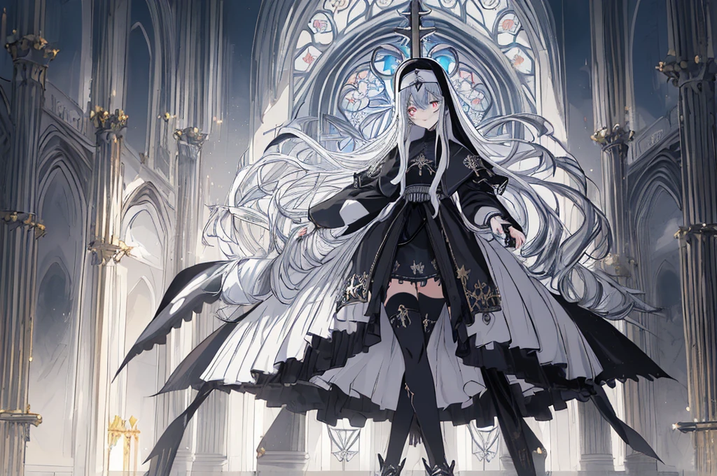 [(cathedral background:1.4)::5],Original,(Illustration:1.1),(Best Quality),(masutepiece:1.1),(the Extremely Detailed CG Unity 8K Wallpapers:1.1), (Colorful:0.9),(mid-shot:0.95),(Full body:1.5),Dynamic Angle,(Solo:1.2), (girl),(((Adult))), (Detailed beautiful eyes:1.15), (Beautiful face:1.15), (Glowing black eyes:1.25////),(Blue Long Hair),(nun headdress),(+perfect hand+:1.21),(Draw an illustration of a Holy Knight Wizard),(Religious),(slender),(she has boots on her feet),((I'm wearing black knee-high socks)),Smile,(Ruffled miniskirt with metal embellishments),beautiful slender adult,((theater background)),dynamic pose,dynamic angle,