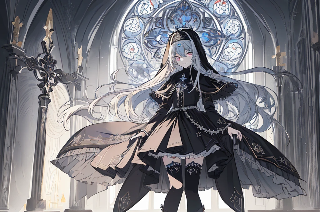 [(cathedral background:1.4)::5],Original,(Illustration:1.1),(Best Quality),(masutepiece:1.1),(the Extremely Detailed CG Unity 8K Wallpapers:1.1), (Colorful:0.9),(mid-shot:0.95),(Full body:1.5),Dynamic Angle,(Solo:1.2), (girl),(((Adult))), (Detailed beautiful eyes:1.15), (Beautiful face:1.15), (Glowing black eyes:1.25////),(Blue Long Hair),(nun headdress),(+perfect hand+:1.21),(Draw an illustration of a Holy Knight Wizard),(Religious),(slender),(she has boots on her feet),((I'm wearing black knee-high socks)),Smile,(Ruffled miniskirt with metal embellishments),beautiful slender adult,((theater background)),dynamic pose,dynamic angle,