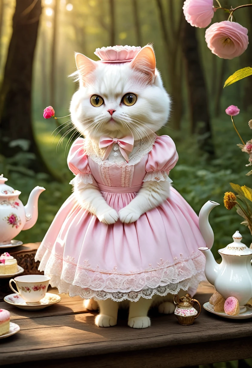 Realistic portrait of a dressed animal - beautiful anthropomorphic Persian white cat, Alice in Wonderland Costume、Pink beige lace dress with white lace apron dress、Pink ribbon on head、(Mysterious tea party in the forest、A teapot and lots of sweets on a wooden table、cake) ,Antique photos、Nostalgia、Highly detailed decorations,, (Melancholy),Outdoor、Golden Hour、Dramatic(Full body image:1.5)