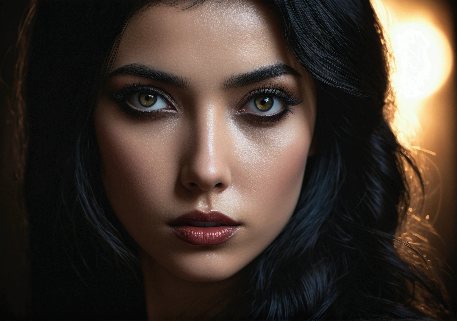 a mysterious woman,black long hair,beautiful detailed eyes,beautiful detailed lips,extremely detailed eyes and face,longeyelashes,somber expression,dark dramatic lighting,chiaroscuro lighting,moody atmosphere,dramatic cinematic lighting,dark and moody,dramatic cinematic style,dark fantasy,dramatic shadows,dark and brooding,dark and gritty,dark and mysterious,high contrast,dramatic colors,deep shadows,muted colors,cinematic composition,cinematic camera angle,masterpiece,(best quality,4k,8k,highres,masterpiece:1.2),ultra-detailed,(realistic,photorealistic,photo-realistic:1.37)