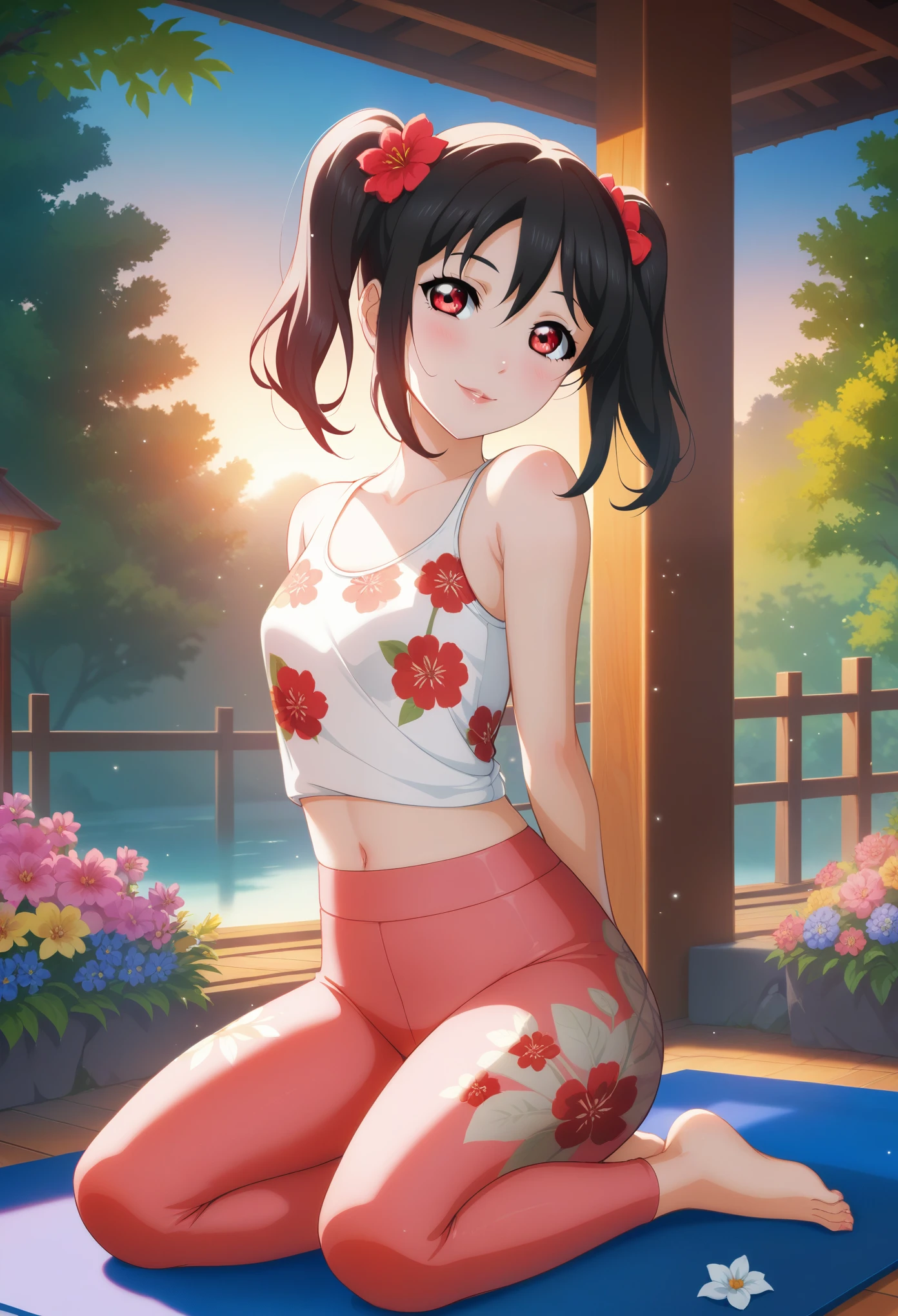 masterpiece, best quality,yazawa nico, black hair, twintails, red eyes, volumetric lighting, illustration, beautiful, tight , Blushing, breasts, looking at viewer, flowers printed tank top, yoga pants,solo, curvy body,floral print, seductive smile, (arms behind back, head tilt:1.1),(breathtaking scenery:1.1), blushing , sweating, strap slip , nipple slip