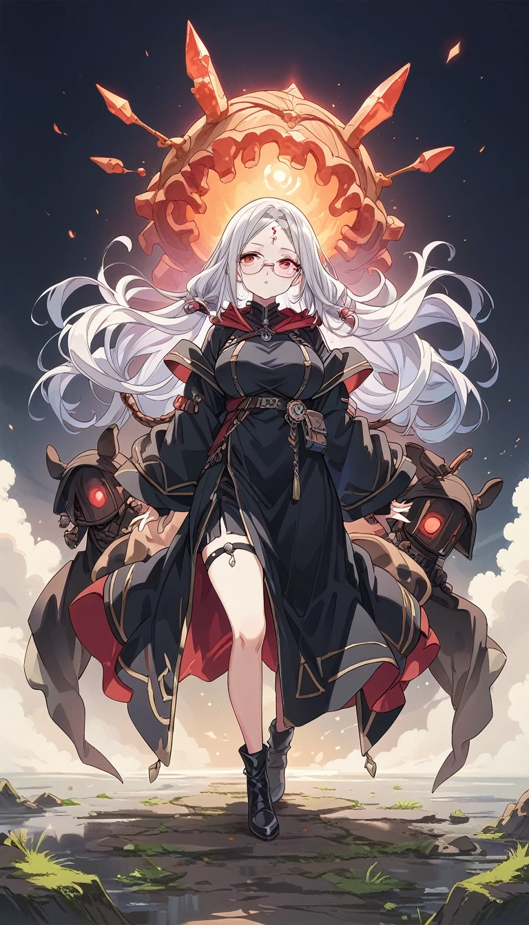 score_9, score_8_up, score_7_up, source_アニメ, full body, simple background, woman, Crystal on forehead, Silver Hair, White skin, Red Eyes, Large Breasts, Hunchback, Black Robe, Black pointy hat, Black-rimmed glasses, Animal backpack, Big lantern in hand, Frightened expression, Downcast,Gloomy