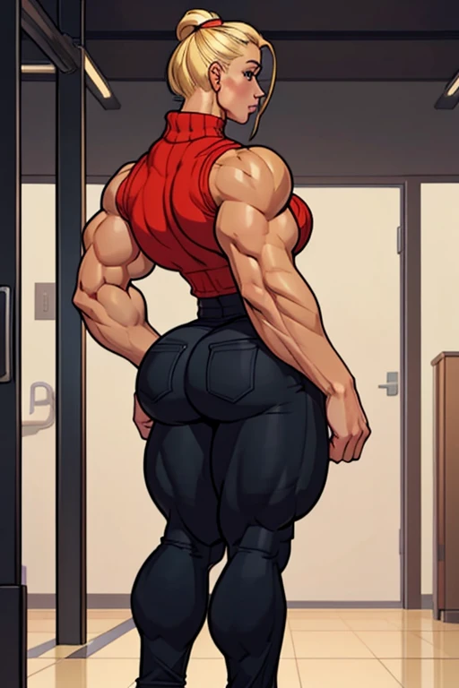 View from behind 3/4, blonde woman, standing vertical leg split, turtleneck sweater, long baggy pants, strong well defined muscle, bulky powerful bodybuilder physique, massive muscular legs, perfect and flawless musculature, great muscle definition, massive bulging glutes, massive muscular thighs, wide feminine hips, narrow surrender waist, broad powerful shoulders