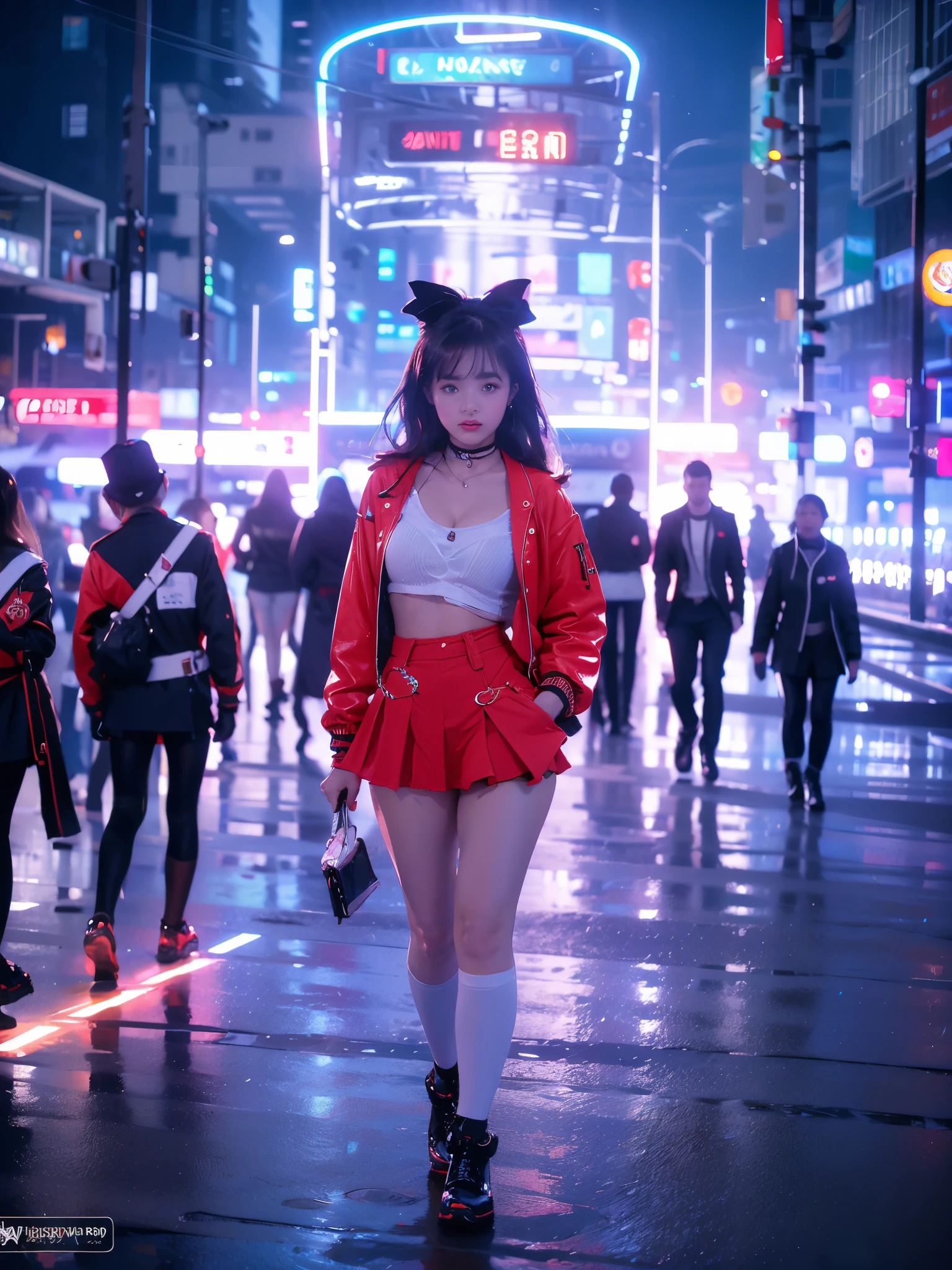 work of art, best qualityer,, Maruzenski (umamusume),, red socks, red jacket, pleatedskirt, short denim skirt, long sleeves, choker, white undershirt, open jacket, white bow, clothes open, high-heels, asphalt road, (((thick coxas, small round breasts, walking as if on parade))), Eye trails, night sky, neon, From above,,