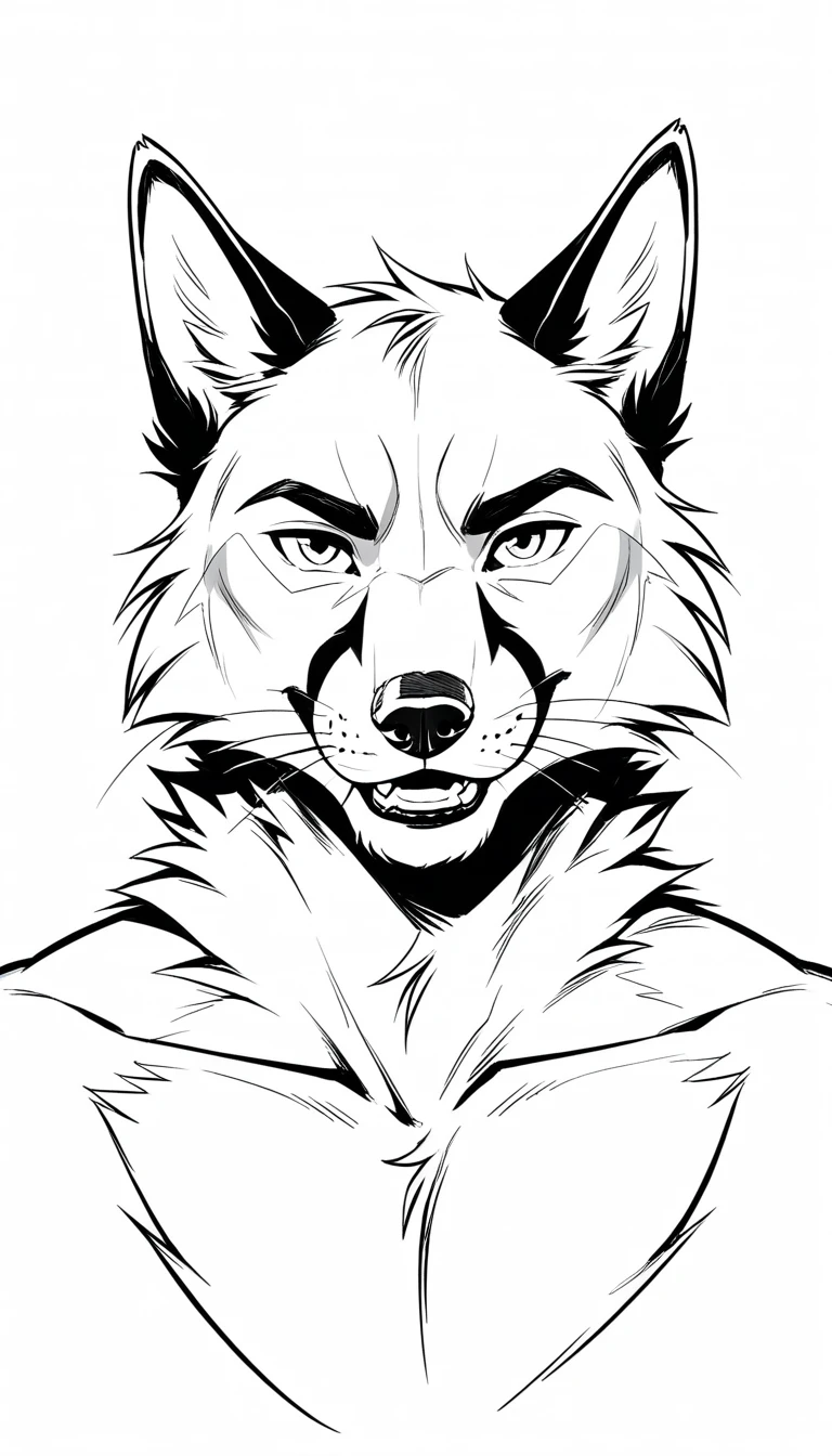 lineart drawing of furry fox close up line art. handsome
