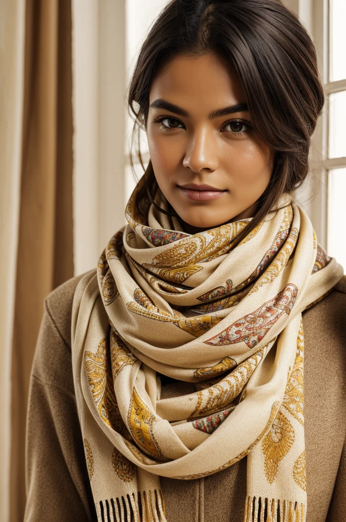 Cream-colored handmade scarf with wax-colored edges and with a wax-colored print that says "LEON ROJAS", for Santiago
