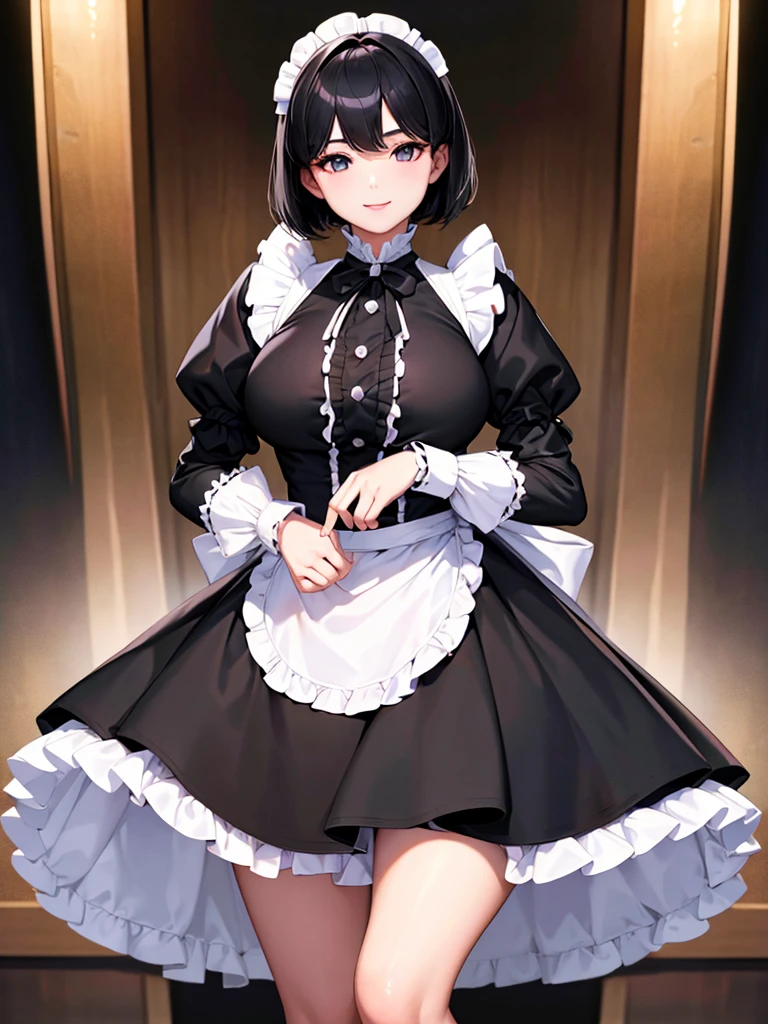 Highest quality、masterpiece、8k、Very detailed、Realistic、Looking at me with a smile、whole body、Black Hair、Short Hair、Small face、Slender、Big Breasts、Thin and beautiful legs、narrow and constricted waist,、Victorian maid clothes