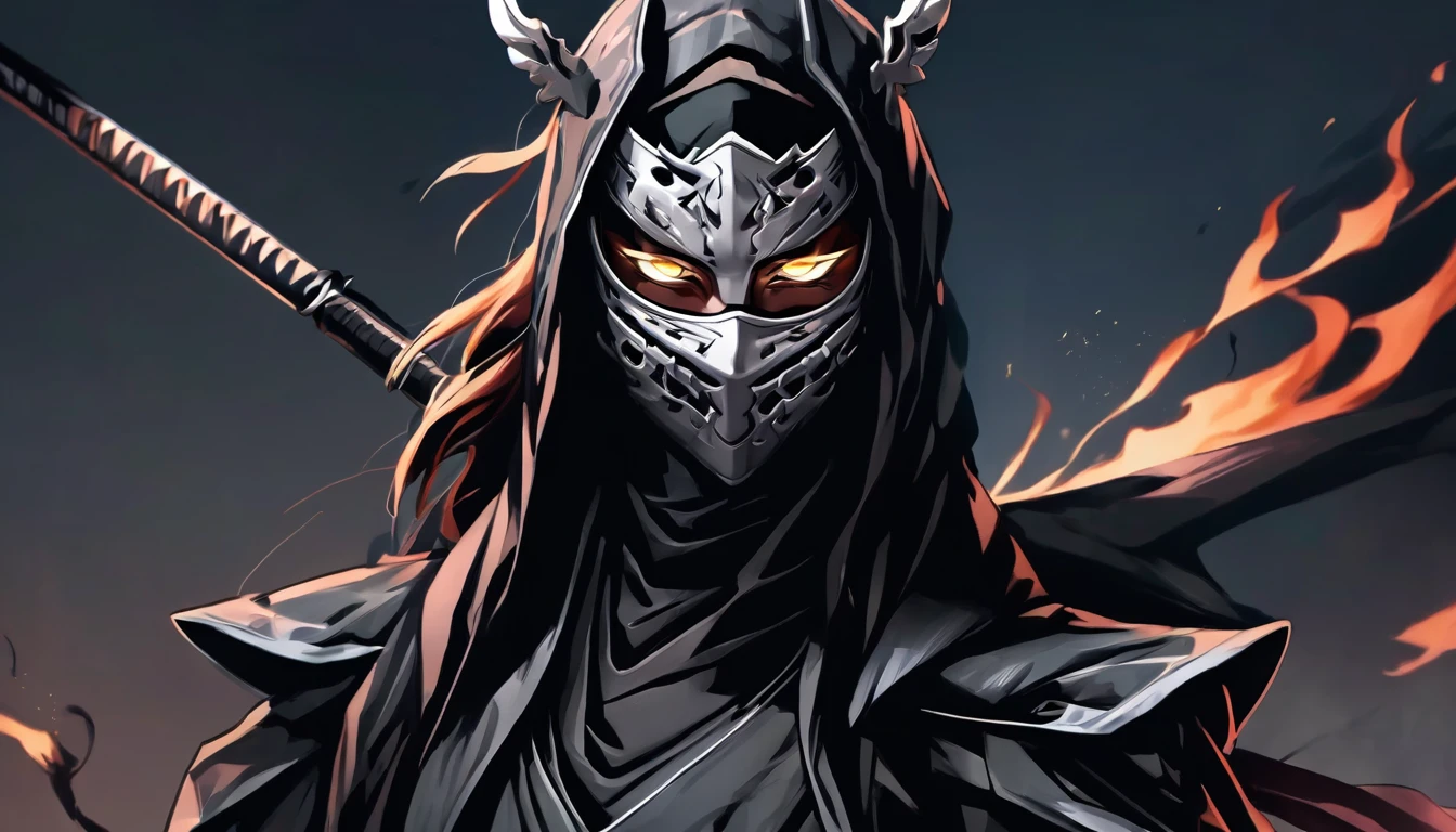 ninja , cape,close up, black heavy detailed clothes, single person, weapon, art, dark and malevolent, weapon, armor, powerful and intimidating, (masterpiece, best quality, ultra-detailed, best shadow), (detailed background, dark fantasy) , armor, high detailed background, girl in demon slayer art, demon slayer art style, epic anime art, God death