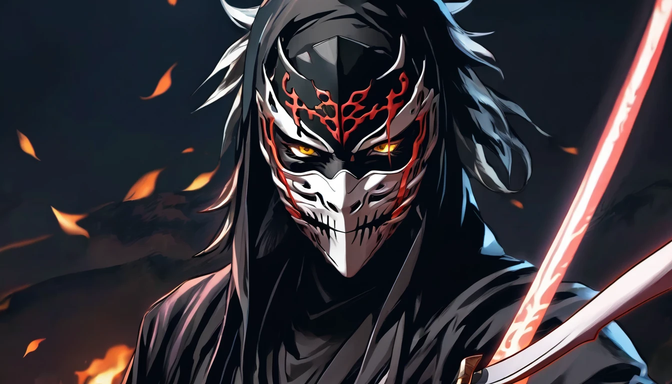 ninja , cape,close up, black heavy detailed clothes, single person, weapon, art, dark and malevolent, weapon, armor, powerful and intimidating, (masterpiece, best quality, ultra-detailed, best shadow), (detailed background, dark fantasy) , armor, high detailed background, girl in demon slayer art, demon slayer art style, epic anime art, God death