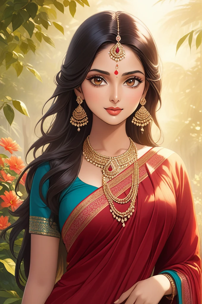(high quality,4k,8k,highres,masterpiece:1.2),ultra-detailed,(realistic,photorealistic,photo-realistic:1.37),Indian female with a sexy figure,stunning beautiful eyes,full luscious lips,long dark hair flowing down,deep dusky skin,well-defined jawline and cheekbones,vibrant red traditional Indian saree outfit,fine golden jewelry adorning her neck and hands,traditional bindi on her forehead,poses with confident elegance,standing in a lush garden surrounded by vibrant flowers and tall trees,bathed in soft golden sunlight,expressing allure and charisma with her gaze and body language,creating a captivating and sensual atmosphere,artistic portrait showcasing the beauty and grace of Indian women.
