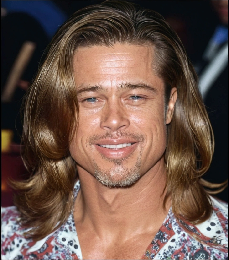 Brad Pitt, long hair, big muscles, tattoo, rocker, calça preta, em um bar, ultra hd, realismo, 4k