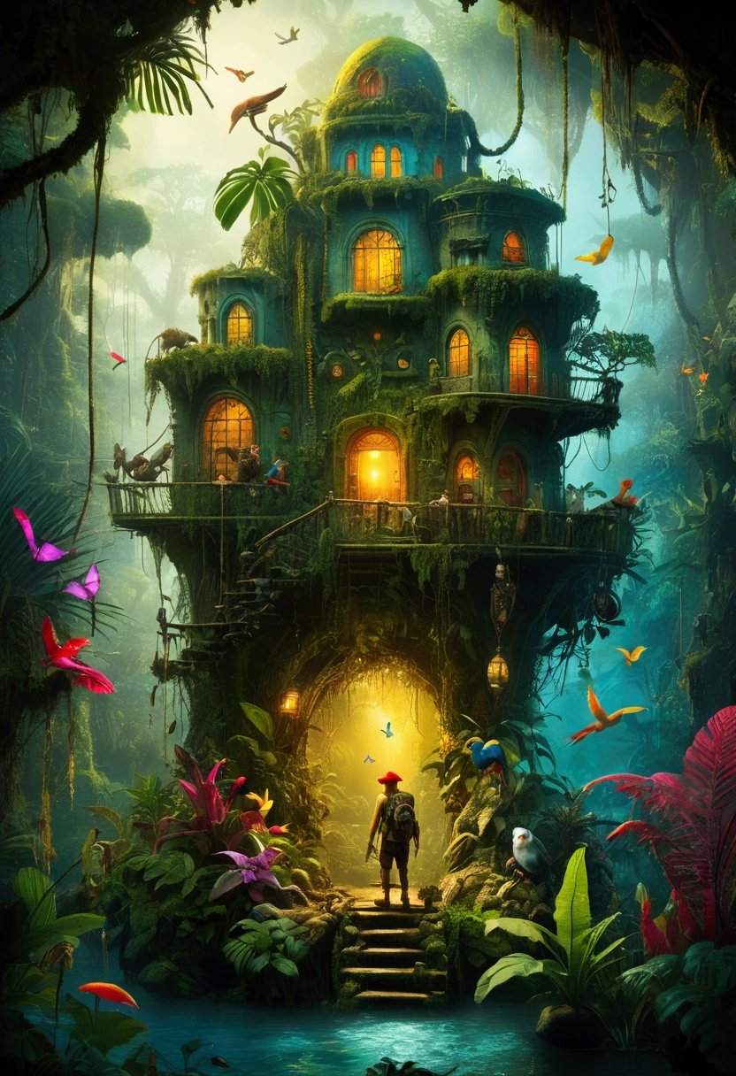 Jungle Adventure, full body, by Brian Froud, cinematic still, (best quality, masterpiece), very aesthetic, perfect composition, intricate details, ultra-detailed, vivid colors
