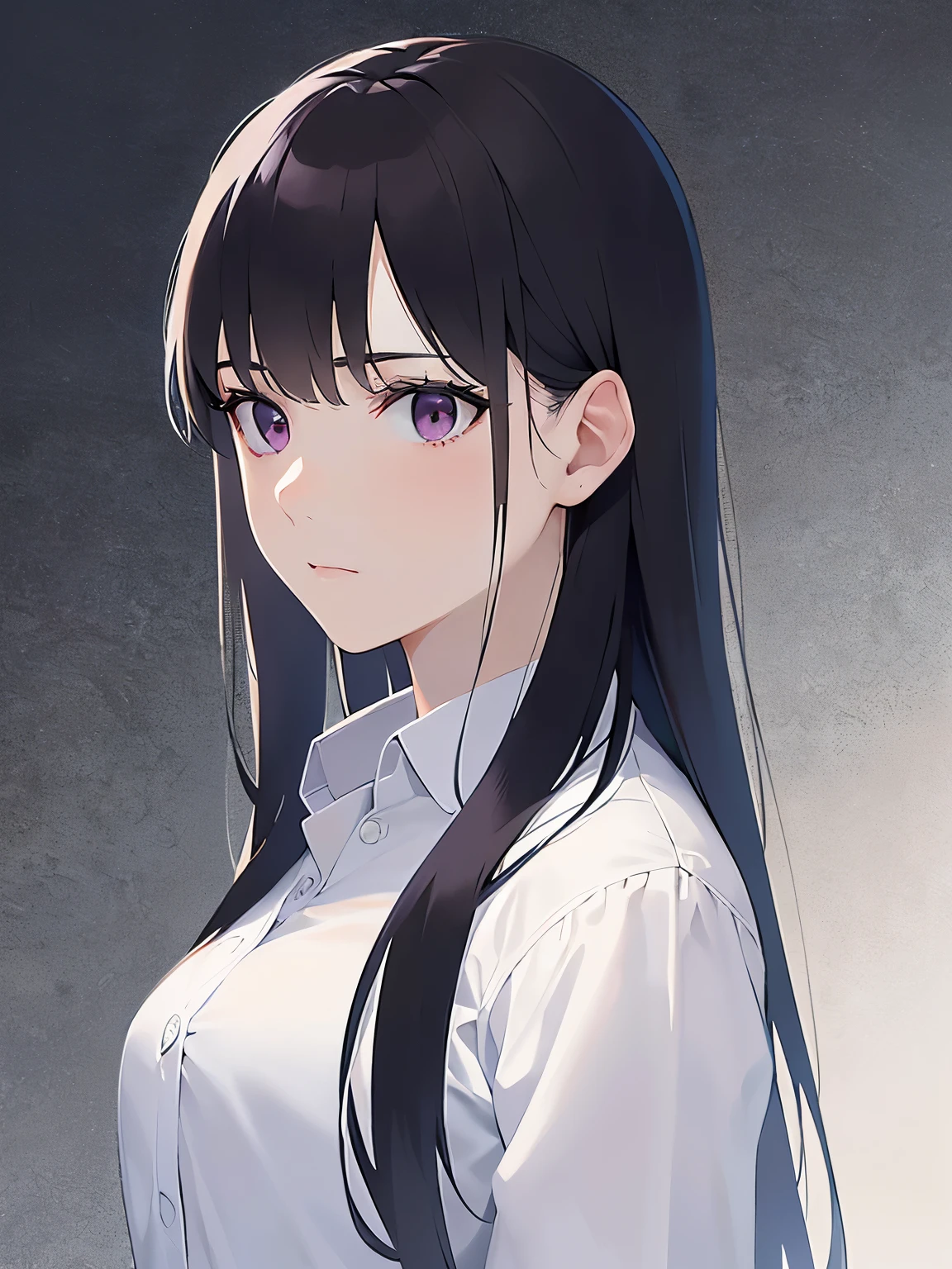 look back, Upper Body, Realistic, real person, (pale skin: 1.2), RAW photo, photorealistic, shiny skin, shiny hair、(A 25-year-old woman with straight hair and bangs) and (medium hair) and (black hair) and (purple eyes) , (business suit:1.5) and (White collared shirt) 、Expressionless, Background is an office room、Alone、Are standing
