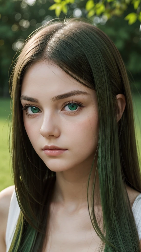 a girl.  face sent feeling.  Europe.  Oval face.  long face.  delicate facial features.  gentle eyes.  seductively seductive.  green eyes.  long straight hair.  green hair.  sad expression.  shy.  straight face.  outdoor