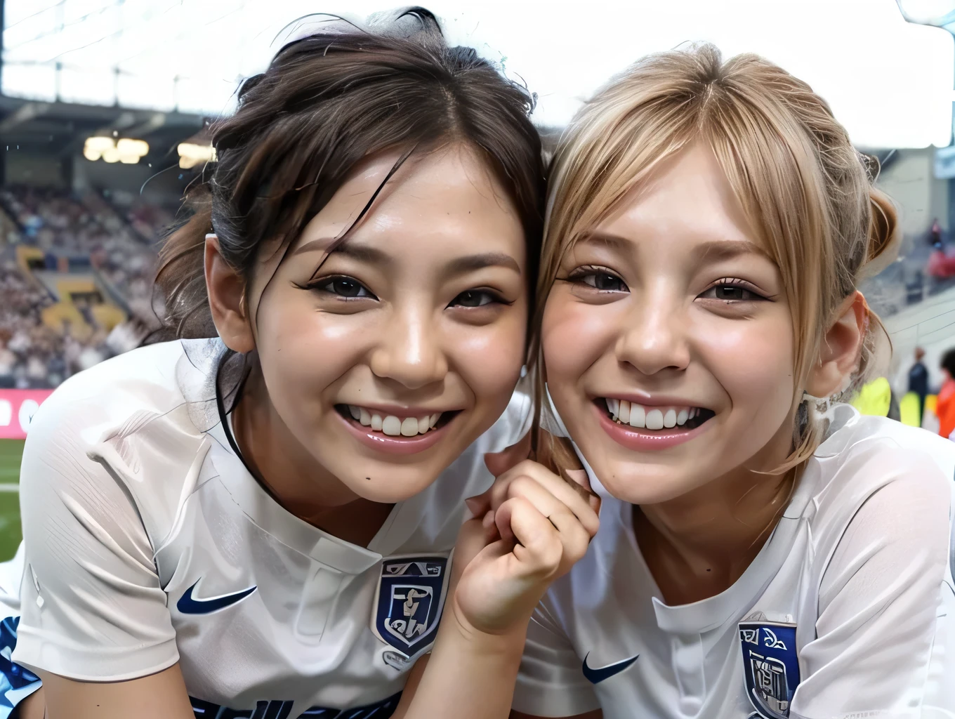 (((2 girls:1.5))、Two women standing close together in a stadium、Two Boyish Women、Football Supporters、17-year-old girls、Group photo of a group of soccer fans、Wearing a uniform)、(Realistic、Like a photograph、Live Action、8k, Realistic, RAW Photos, Best image quality: 1.4), Single-lens reflex camera、RAW Photos, Highest quality, Realistic, Highly detailed CG Unity 8k wallpaper, Written boundary depth, Cinematic Light, Lens flare, Ray Tracing, Realistic background、((The upper body is a soccer uniform:1.2、The lower half is a flared mini skirt:1.4)、Big Breasts)、((Silver Inner Color Hair:1.1))、Cute Japanese Gals、((whole body:1.5))、(short hair:1.2)、I like that style、stylish、Very detailed、Pay attention to the details、Perfect outfit、(White skin)、Beautiful feet:1.1、View from below、Accurate Arm、Super detailed face