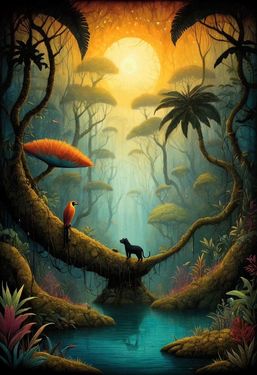 Jungle Adventure, full body, by Brian Froud, cinematic still, (best quality, masterpiece), very aesthetic, perfect composition, intricate details, ultra-detailed, vivid colors