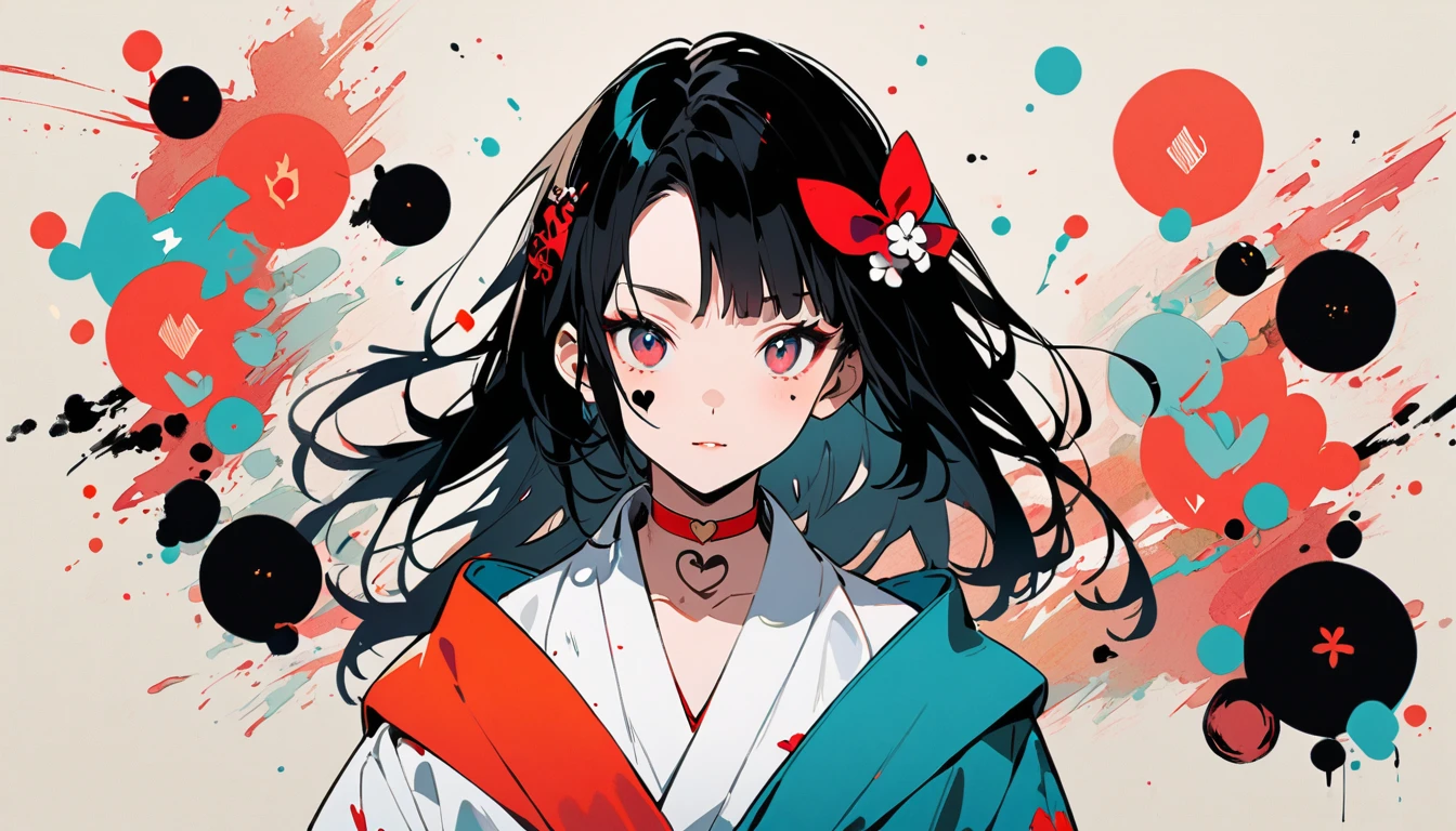 Fashion portrait color photos, (((Ink Painting))), (((1 girl))), (((Heart tattoo on face))), (((Gorgeous hair accessories))), Japanese style headphones, drummer, Japan人の美少女, Black Hair, Delicate and precise,Japan, Japanese flag