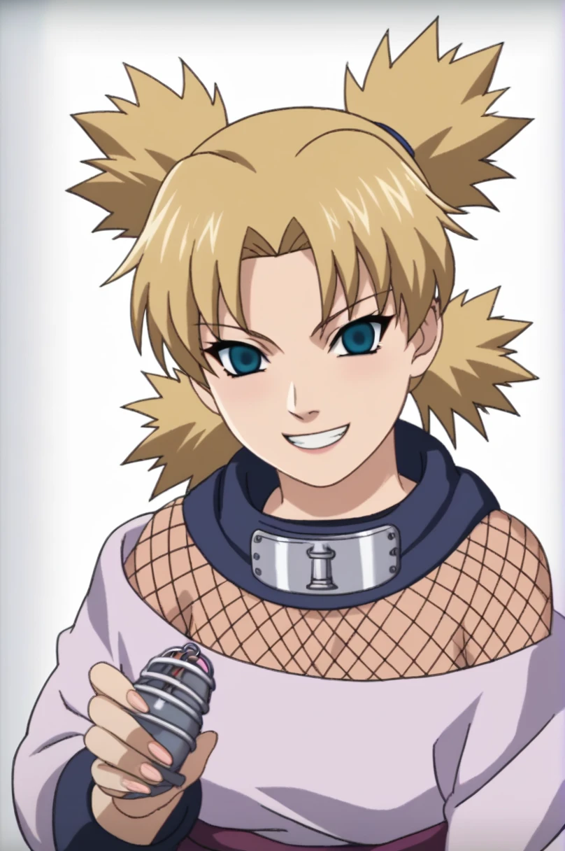 score_9, score_8_up, score_7_up, score_6_up, score_5_up, score_4_up, BREAK, source_anime, ytemari, 1girl, blonde hair, quad tails, blue eyes, fishnets, purple garment, sash, smile, upper body, looking at viewer, solo, simple background, white background, anime screencap, anime coloring, holding male chastity cage, extreme evil facial expression, wicked facial expression, holding male chastity cage for viewer, one hand with two fingers extremely close together, "You have a small cock" in comic book speech bubble text nearby