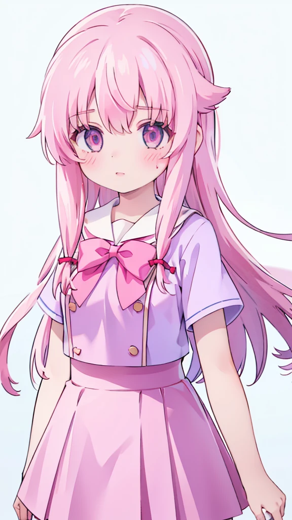 1girl,pink hair, pink eyes with love, detailed eyes, straight hair, straight bangs, shiny hair,
,red bowtie,purple skirt,purple shirt,pleated skirt,short sleeves,looking at viewer, high-definition,masterpiece,best quality, masterpiece, best quality, high resolution, aabeta, double, white simple background, standing, slim waist, cute, sailor uniform, close up selfie   (PastelColors: 1.3)