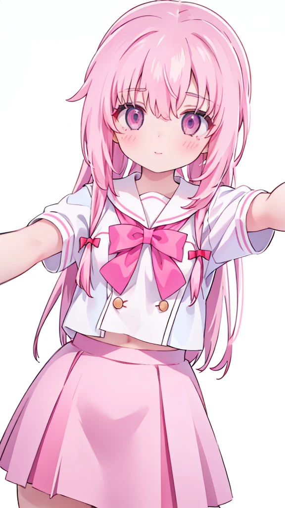 1girl,pink hair, pink eyes with love, detailed eyes, straight hair, straight bangs, shiny hair,
,red bowtie,purple skirt,purple shirt,pleated skirt,short sleeves,looking at viewer, high-definition,masterpiece,best quality, masterpiece, best quality, high resolution, aabeta, double, white simple background, standing, slim waist, cute, sailor uniform, close up selfie (PastelColors: 1.3)