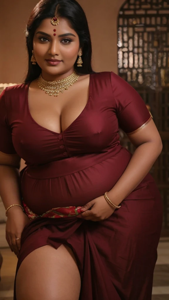 An indian plus size sexy aunty wearing dark red blouse and dark red skirt , she has big wide belly and fat legs