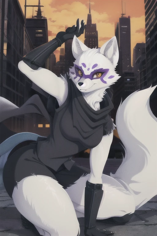 Alopex, arctic fox, furry character, purple marks face, tmnt, smile, orange eyes, girl1, solo, city, best quality, masterpiece, black gloves, ninja shirt, black short