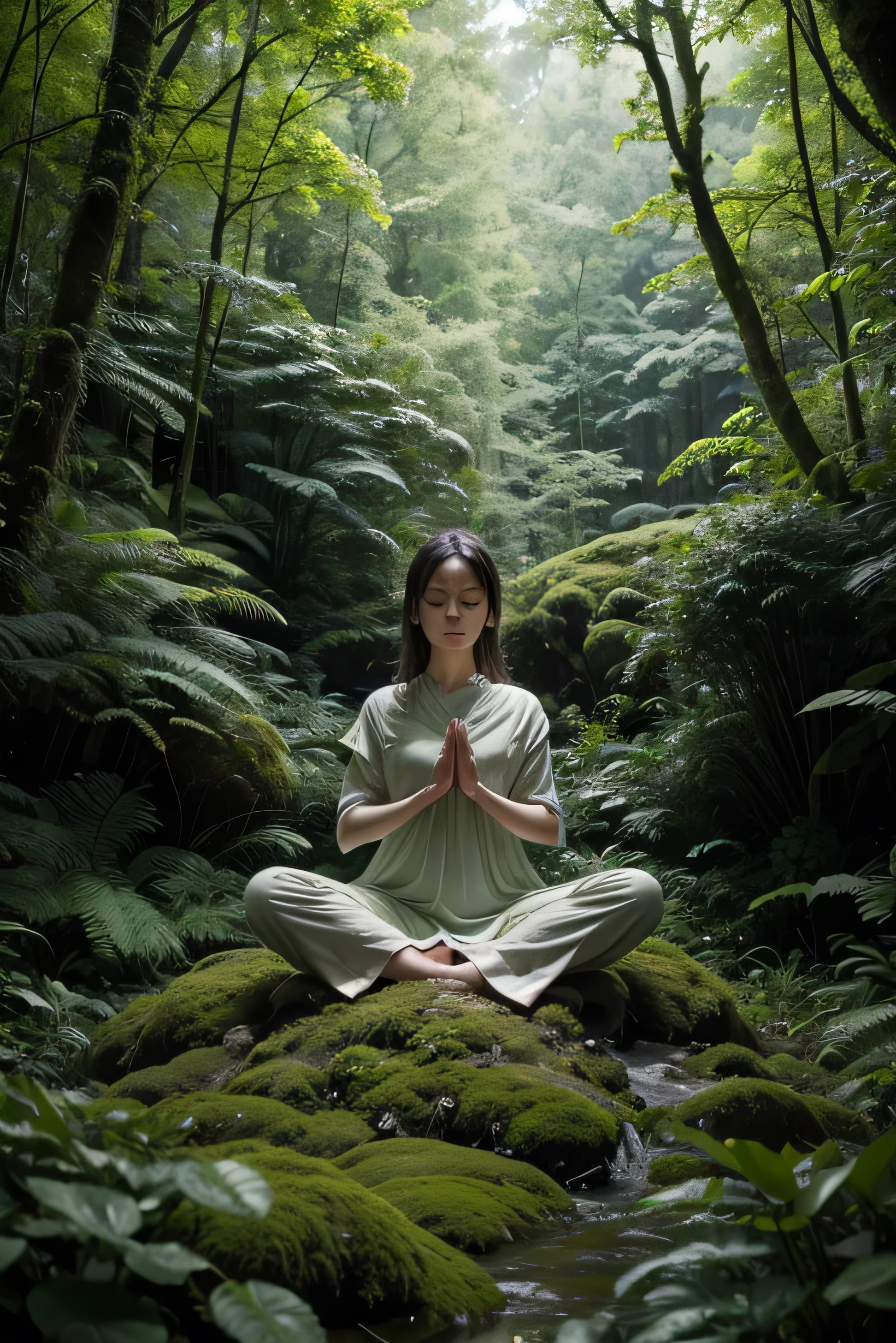 A woman meditating in a moist, green forest