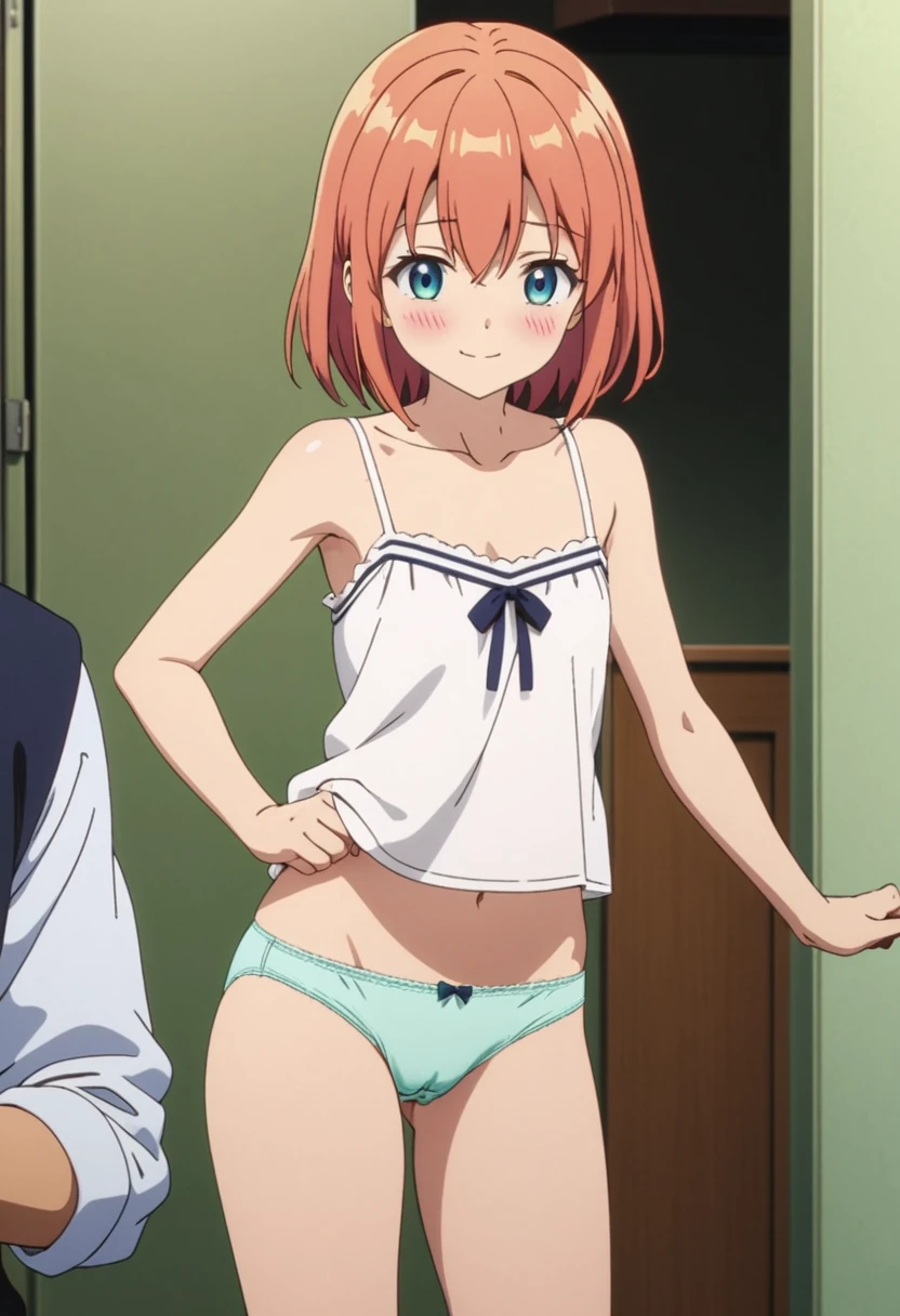 (masterpiece,Highest quality,Ultra-high resolution),(Perfect Face, Perfect body、Perfect hands),anime screencap,One girl,(Girl、Lower school year、9 years old、Cotton camisole、Cotton panties)、(blush、Embarrassing:1.4)、Roll up the hem,lift up、Belly button、Chest、Pussy slit visible through panties、smile、Dressing room、(penis,Erect penis:1.6)、((in front of you、I&#39;m interested in dicks、Staring at a dick))