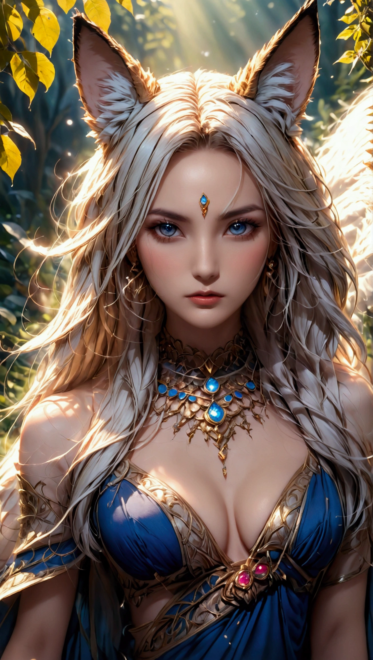 A beautiful, enchantingly elusive humanoid faunus woman, every aspect exudes magic in the midst of danger: shimmering rainbow fur, ethereal golden horn, and eyes that seem to hold the secrets of the universe. The mystical creature is surrounded by a lush, enchanted forest, bathed in the soft light of the setting sun, creating a dreamlike atmosphere that transports viewers to a realm of fantasy and wonder. This breathtaking image is a digital painting that captures the essence of the mythical creature with stunning detail and masterful technique, making it a truly mesmerizing work of art.