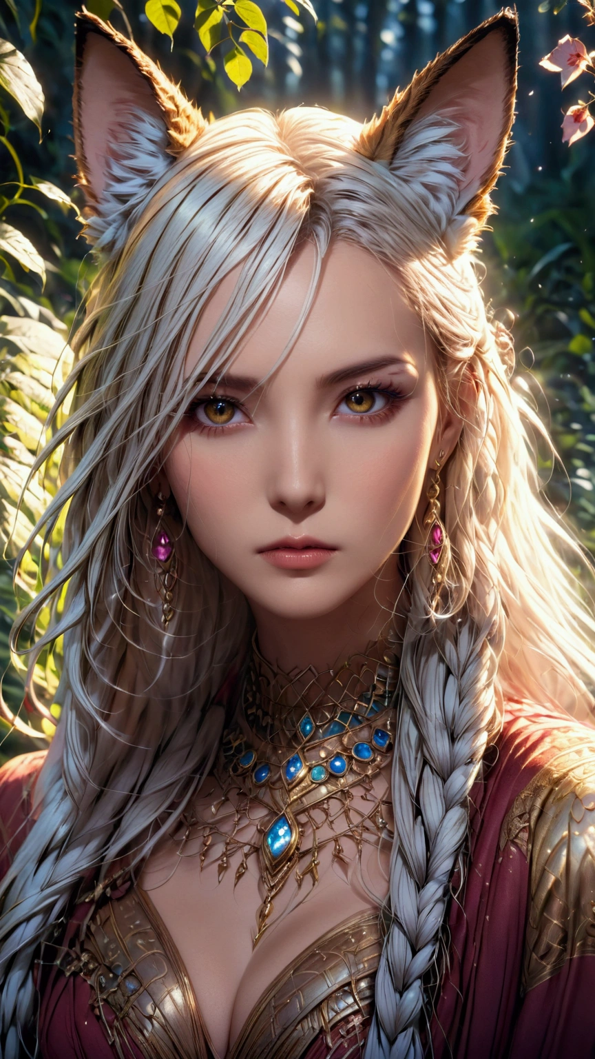 A beautiful, enchantingly elusive humanoid faunus woman, every aspect exudes magic in the midst of danger: shimmering rainbow fur, ethereal golden horn, and eyes that seem to hold the secrets of the universe. The mystical creature is surrounded by a lush, enchanted forest, bathed in the soft light of the setting sun, creating a dreamlike atmosphere that transports viewers to a realm of fantasy and wonder. This breathtaking image is a digital painting that captures the essence of the mythical creature with stunning detail and masterful technique, making it a truly mesmerizing work of art.