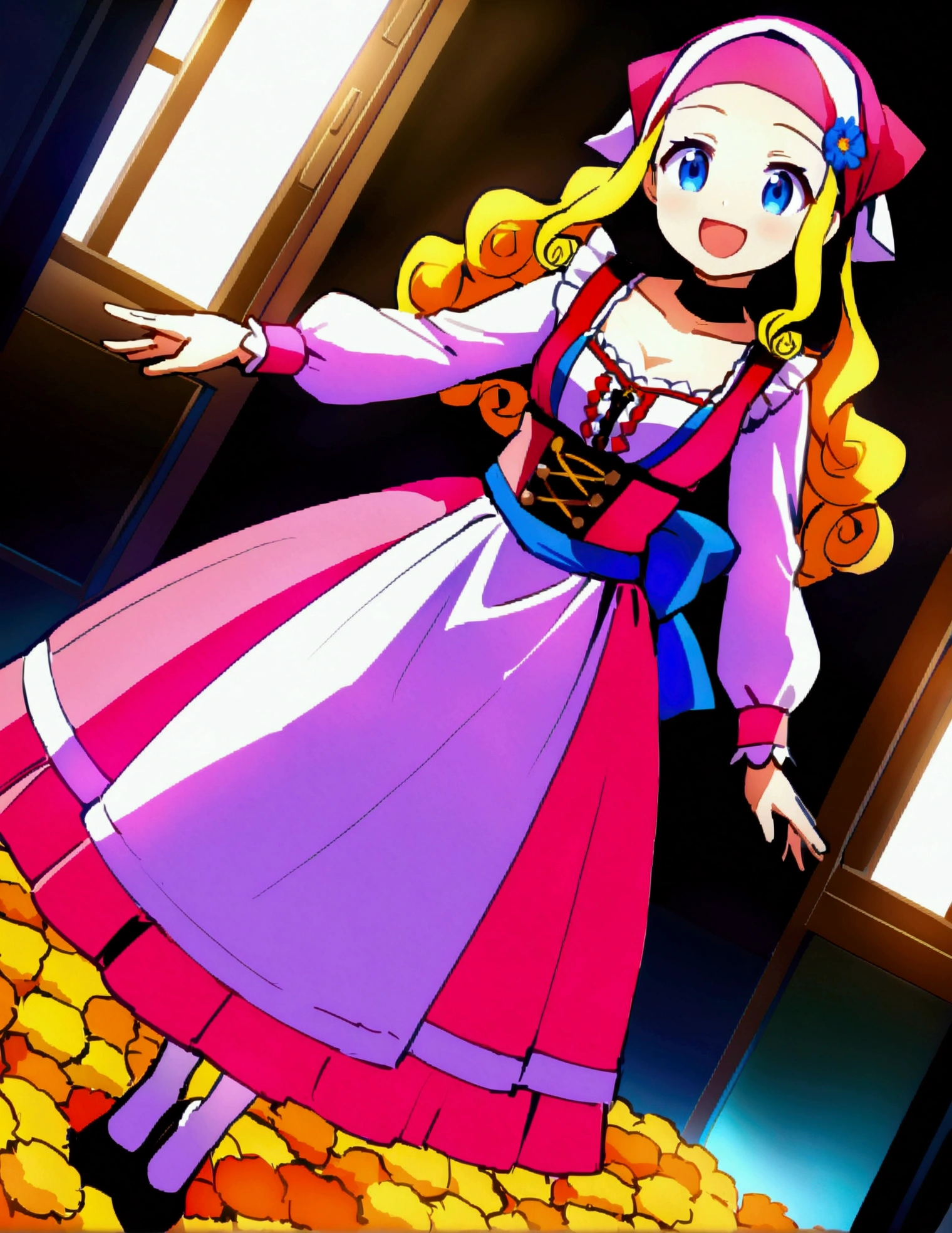 golden orange hair, gradient hair, very long hair, swept bangs, sidelocks, curly hair, wavy hair, (((((head scarf))))), head bandana, pink apron, flower in hair, marigold, orange flower, dirndl, pink dress, pink dirndl, long sleeves, waist apron, white apron, bow on waist, blue bow, , polish clothing, Slavic clothing, Hungarian clothing, anime, cute,, solo, exaggerated expression,  smile, open mouth, blue eyes, white stockings, black shoes, full body, (((Dutch angle)))