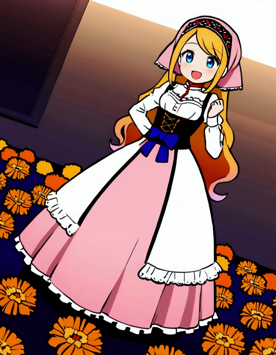 golden orange hair, gradient hair, very long hair, swept bangs, sidelocks, curly hair, wavy hair, (((((head scarf))))), head bandana, pink apron, flower in hair, marigold, orange flower, dirndl, pink dress, pink dirndl, long sleeves, waist apron, white apron, bow on waist, blue bow, , polish clothing, Slavic clothing, Hungarian clothing, anime, cute,, solo, exaggerated expression,  smile, open mouth, blue eyes, white stockings, black shoes, full body, (((Dutch angle)))