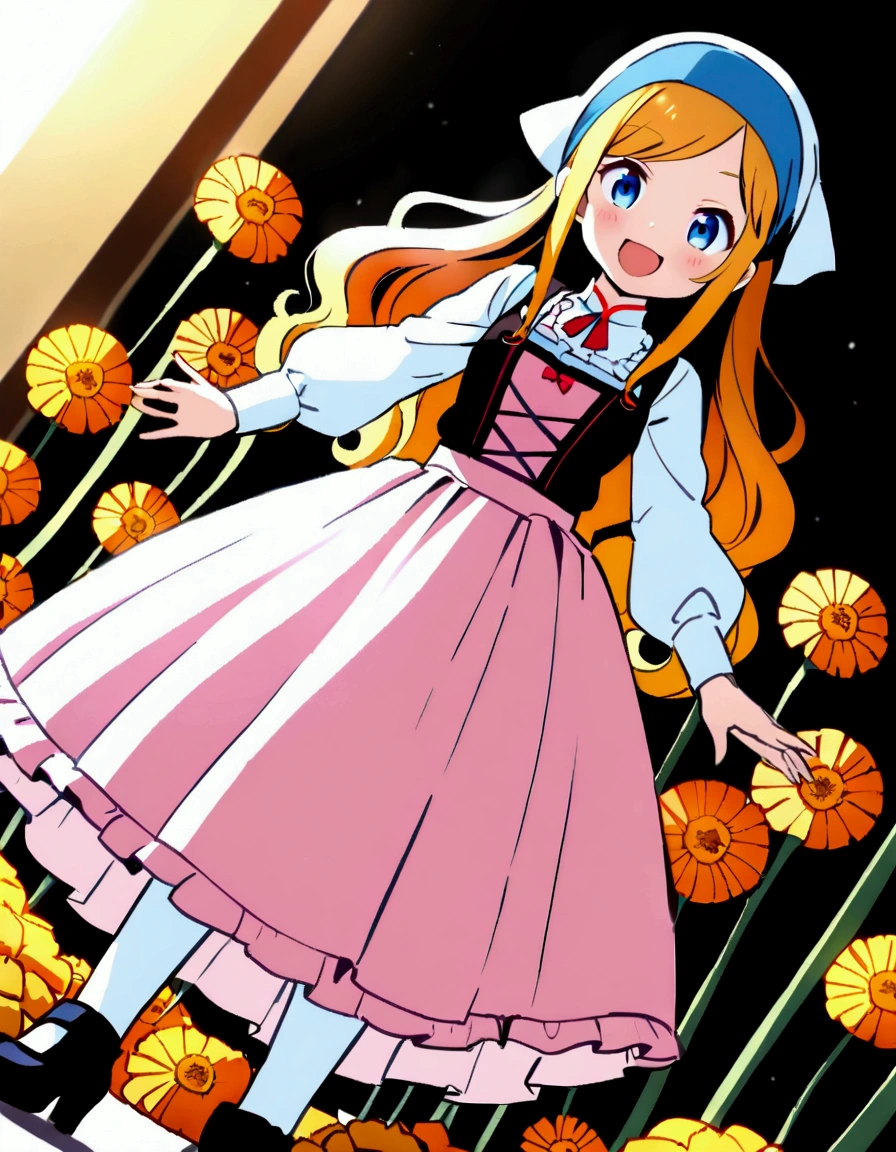 golden orange hair, gradient hair, very long hair, swept bangs, sidelocks, curly hair, wavy hair, (((((head scarf))))), head bandana, pink apron, flower in hair, marigold, orange flower, dirndl, pink dress, pink dirndl, long sleeves, waist apron, white apron, bow on waist, blue bow, , polish clothing, Slavic clothing, Hungarian clothing, anime, cute,, solo, exaggerated expression, smile, open mouth, blue eyes, white stockings, black shoes, full body, (((Dutch angle)))