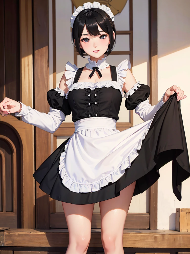 Highest quality、masterpiece、8k、Very detailed、Realistic、Looking at me with a smile、whole body、Black Hair、Short Hair、Small face、Slender、Big Breasts、Thin and beautiful legs、narrow and constricted waist,、Victorian maid clothes