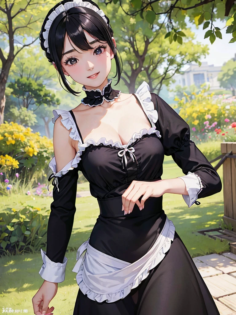 Highest quality、masterpiece、8k、Very detailed、Realistic、Looking at me with a smile、whole body、Black Hair、Short Hair、Small face、Slender、Big Breasts、Thin and beautiful legs、narrow and constricted waist,、Victorian maid clothes