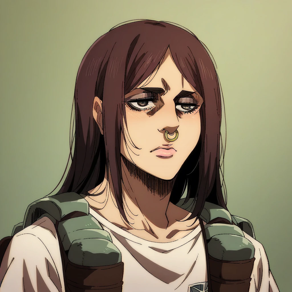 singeki_no_kyojin_s4_style,portrait, solo, bronde hair, long hair, nose ring, black t-shirt, eyeliner, pink lips, ammo pouch