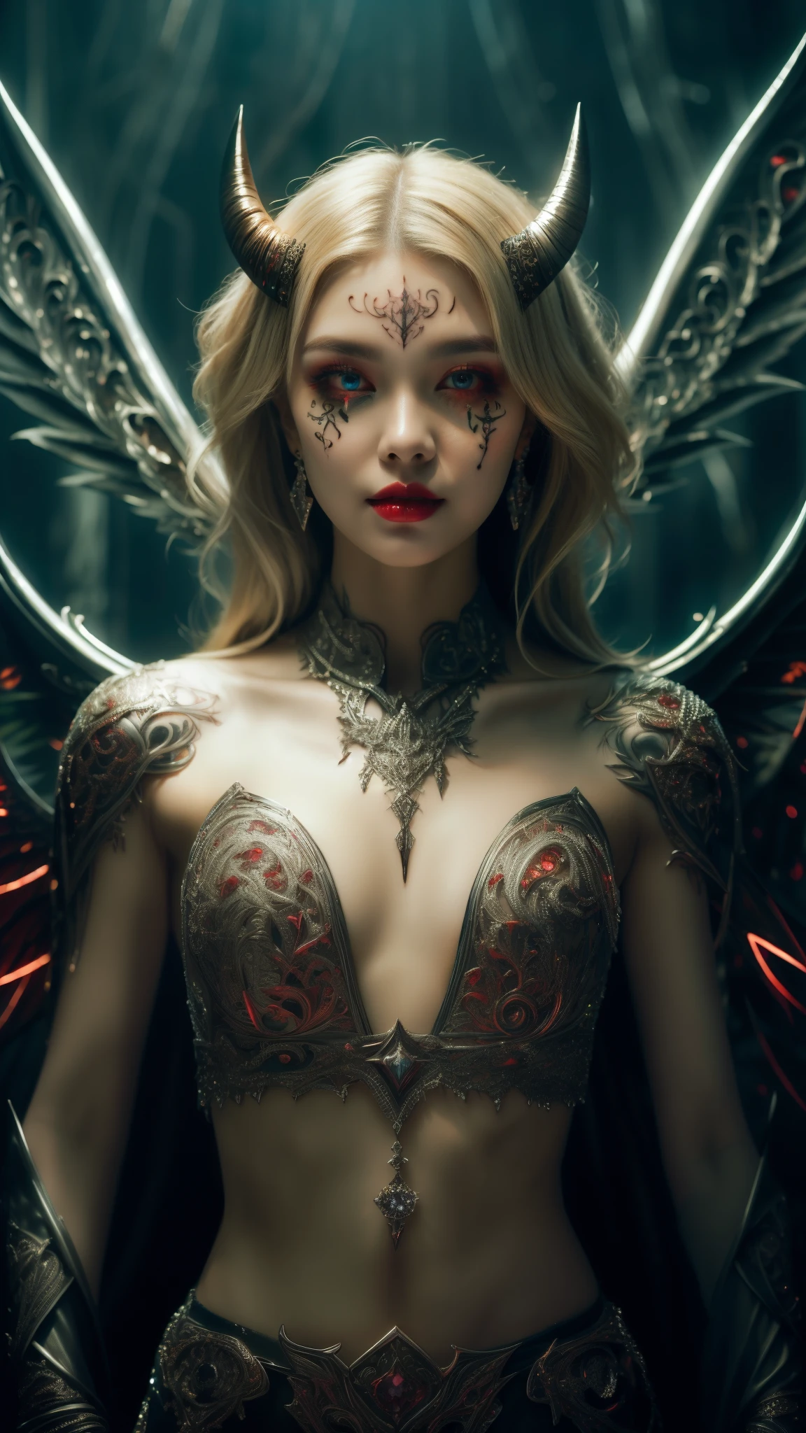 Cute Japanese female, (), (Very cute face: 1.3), Red lips, White moist skin, Melancholic expression,
BREAK,
(Beautiful belly button), (White skin),
BREAK,
Female superior ancient strigoi vampire, Horror, Angel wings, Black wings, Red jewelry, (Large wings: 1.4), Satan, (Hellfire:1.2),Full body,Demon,(Flame:1.2),(Rhinestones),(Horns growing from head),
BREAK,
(Medium hair),(Bangs:1.2),(Grey-red hair:1.3),(Wavy hair),(Outer color:1.4),
BREAK,
(Very large spear:1.4),(Holding spear:1.3),(Fighting:1.2),(Getting into a fighting stance),
BREAK,
(Facial tattoo:1.4),(Rhinestones on face:1.4),
BREAK,
Excellent, Perfect lighting, Ultra-high resolution, 8K, (Highly detailed:1.4), (Front view),Looking at camera,(Full body),(Geometric),(Symmetrical),
BREAK,
(Neon lights:1.2),