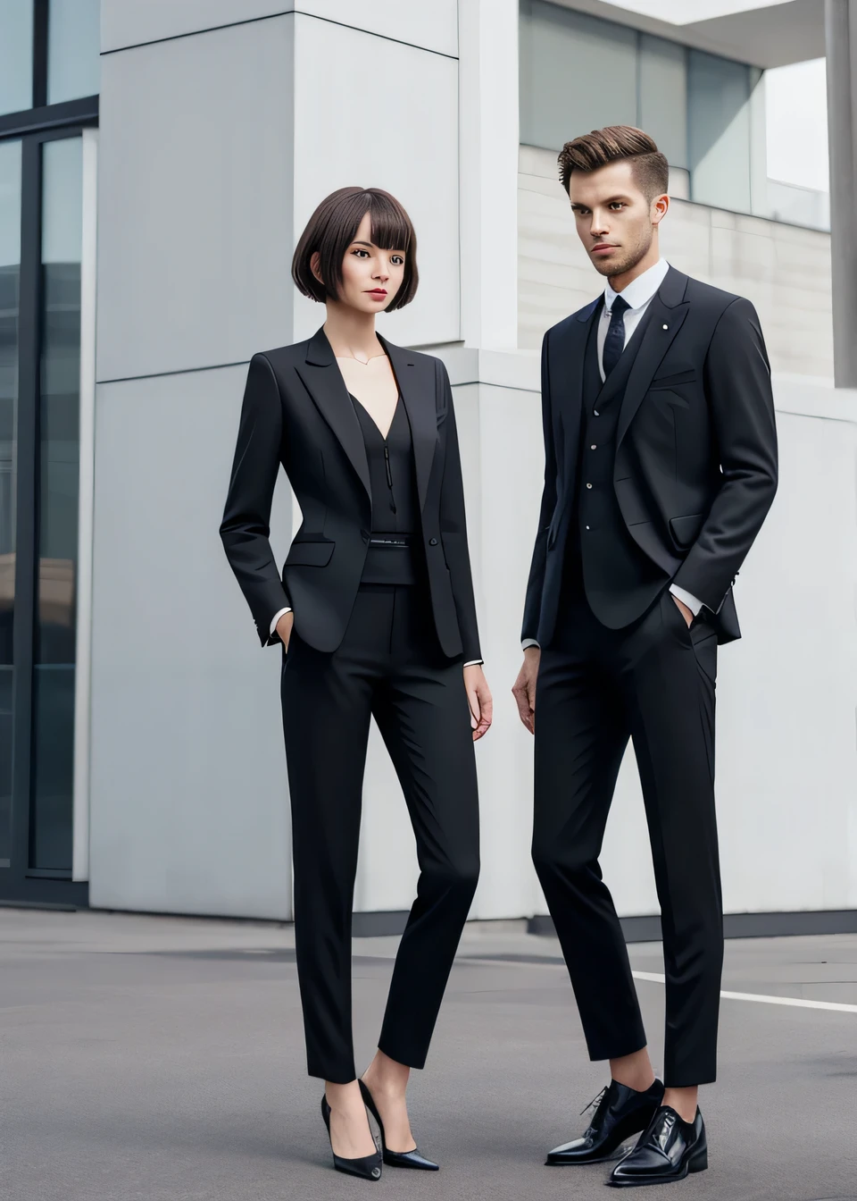 Highest quality, Photorealistic,Outdoor,Short Haircut、 Black suit, Jacket, Pants Style、Recruitment Suit,,, pumps,
