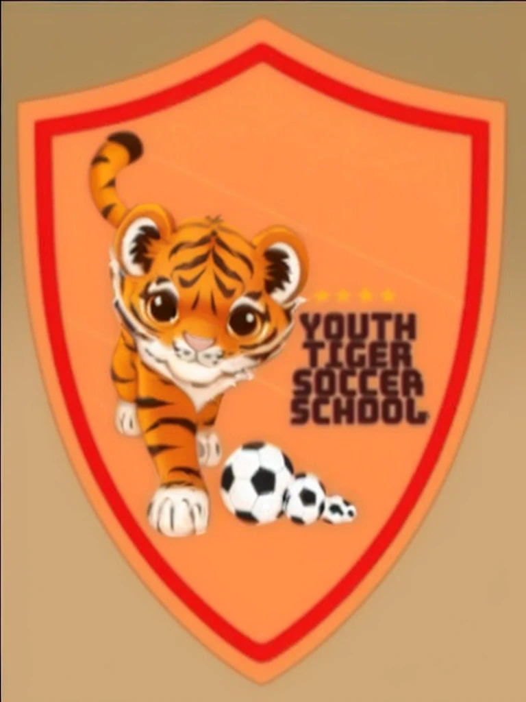 Create a detailed logo design for "Youth Tiger Soccer School". The logo should have a shield shape with the following features:Color Scheme:Dominant color: Orange for the background.Border: A red outline around the shield.Text: Black.Stars: Yellow.Main Image:A cute, playful tiger cub with large brown eyes and black stripes.The tiger should be positioned as if it's running, pushing a white soccer ball with black spots.Text:Include the text "YOUTH TIGER SOCCER SCHOOL" in bold, capital letters.Position the text to the right of the tiger image.Place four small yellow stars above the text.Background Details:Add a subtle pattern resembling a soccer field in the background.Lighting and Effects:Ensure good contrast between the elements.Use soft shadows and highlights to give depth and a three-dimensional feel to the tiger and the ball.Make the overall look vibrant and playful to appeal to a younger audience.The logo should be dynamic, fun, and convey the spirit of youth and soccer.