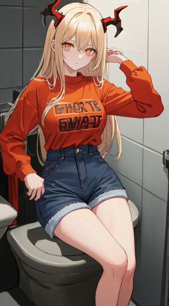 (masterpiece:1.2, best quality), (extremely detailed CG, ultra-detailed, best shadow:1.1) 1girl, power \(chainsaw man\), red horns, symbol-shaped pupils, cross-shaped pupils, orange eyes, sitting, toilet, red shirt, denim shorts,76.1, high-waist shorts, grabbing own breast, cat, clothes writing,
(finely detailed beautiful eyes: 1.2)(finely detailed eyes and detailed face:1.3)