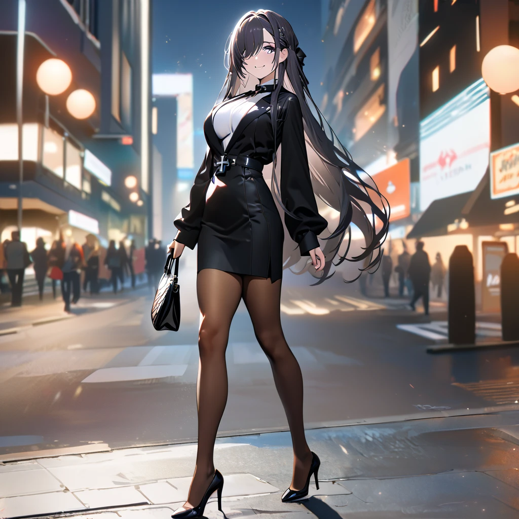 A woman wearing a black neckline, wearing brown tights, black heels, grape-colored hair, violet eyes, long hair, iron cross in her hair, wearing sunglasses, holding a luxury bag, walking on a sidewalk in a city a night, perfect lighting, big breast, smiling..(solo woman) ,UHD , prime work , accurate , anatomically correct , textured skin , super details , high quality , best quality, 8k, high resolution, bokeh effect, close view,
