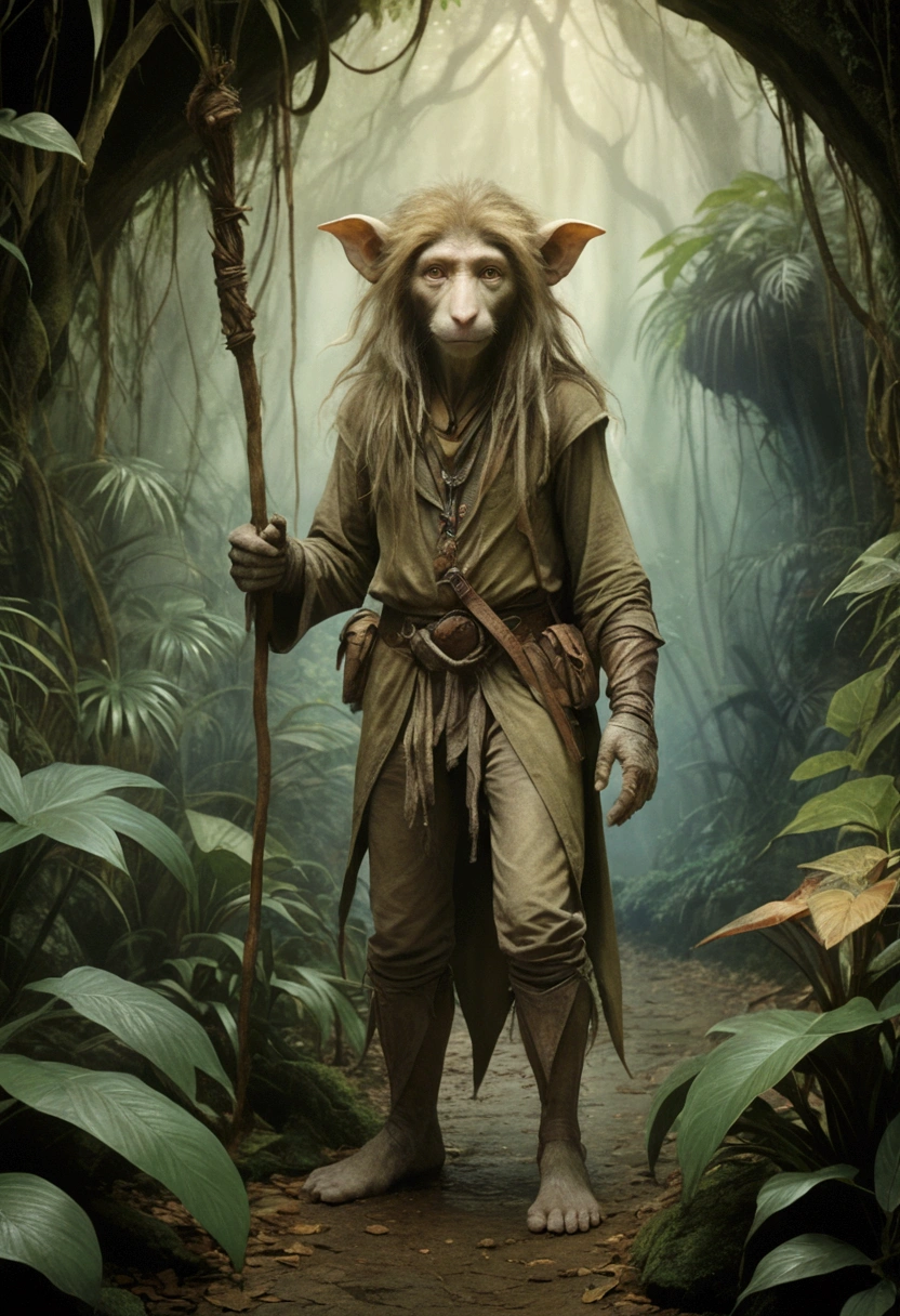 Jungle Adventure, full body, by Brian Froud, cinematic still, (best quality, masterpiece), very aesthetic, perfect composition, intricate details, ultra-detailed, vivid colors