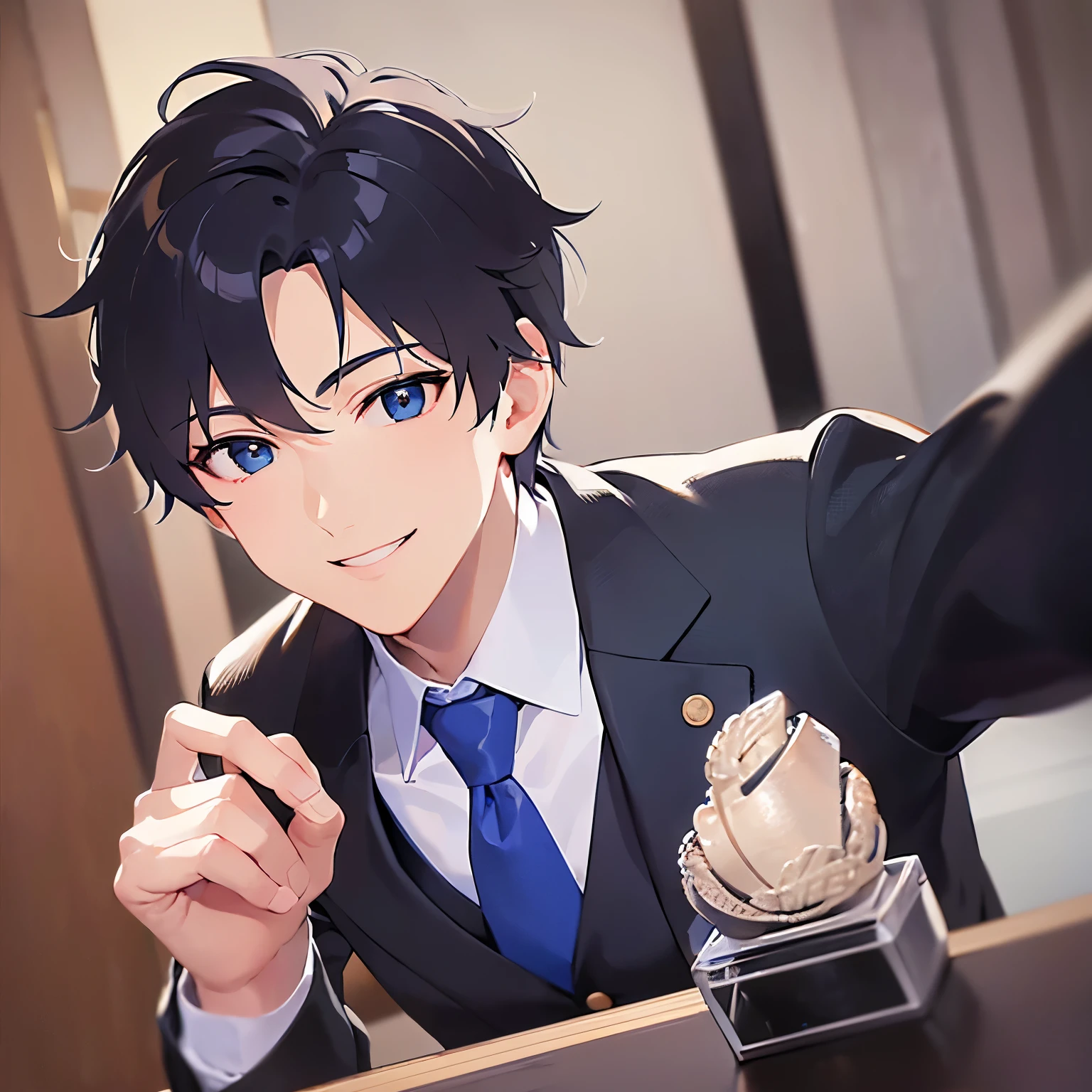 side angle, (looking away:1.5), upper body、thumbs up、
masterpiece、Highest quality、
(25-year-old male:1.5) and(Black short hair) and (blue eyes), 
(suit:1.5) and (Blue tie）(suit:1.5) and (Blue tie）、
(smile:1.5), The background is the conference room、(Alone:1.5)、Upper body is shown