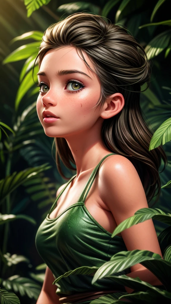 A beautiful adventurous girl exploring the lush jungle, swinging a machete through the dense foliage, encountering wild animals, detailed portrait, intricate jungle environment, dramatic lighting, vibrant colors, photorealistic, masterpiece, (best quality,4k,8k,highres,masterpiece:1.2),ultra-detailed,(realistic,photorealistic,photo-realistic:1.37),beautiful detailed eyes,beautiful detailed lips,extremely detailed eyes and face,longeyelashes,1girl,adventurous,machete,jungle,wildlife,dramatic lighting,vibrant colors