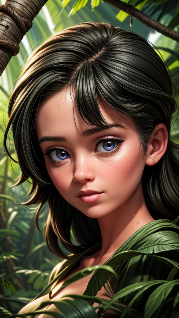 A beautiful adventurous girl exploring the lush jungle, swinging a machete through the dense foliage, encountering wild animals, detailed portrait, intricate jungle environment, dramatic lighting, vibrant colors, photorealistic, masterpiece, (best quality,4k,8k,highres,masterpiece:1.2),ultra-detailed,(realistic,photorealistic,photo-realistic:1.37),beautiful detailed eyes,beautiful detailed lips,extremely detailed eyes and face,longeyelashes,1girl,adventurous,machete,jungle,wildlife,dramatic lighting,vibrant colors