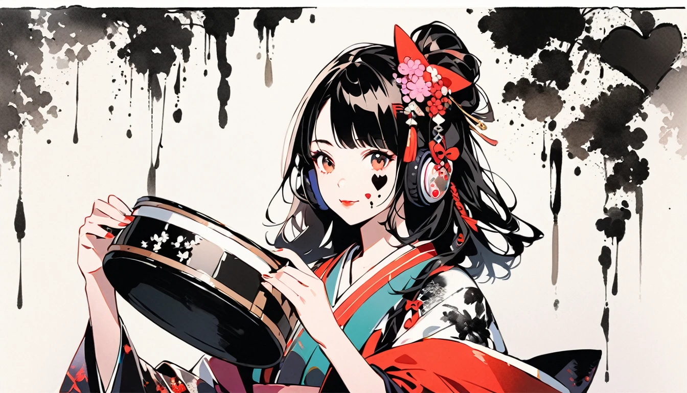 (((Ink Painting))), (((1 girl))), (((Heart tattoo on face))), (((Gorgeous hair accessories))), Japanese style headphones, (((Shamisen))), Japanese beautiful girl, Black Hair, smile, devil, Droopy eyes, Red eyes