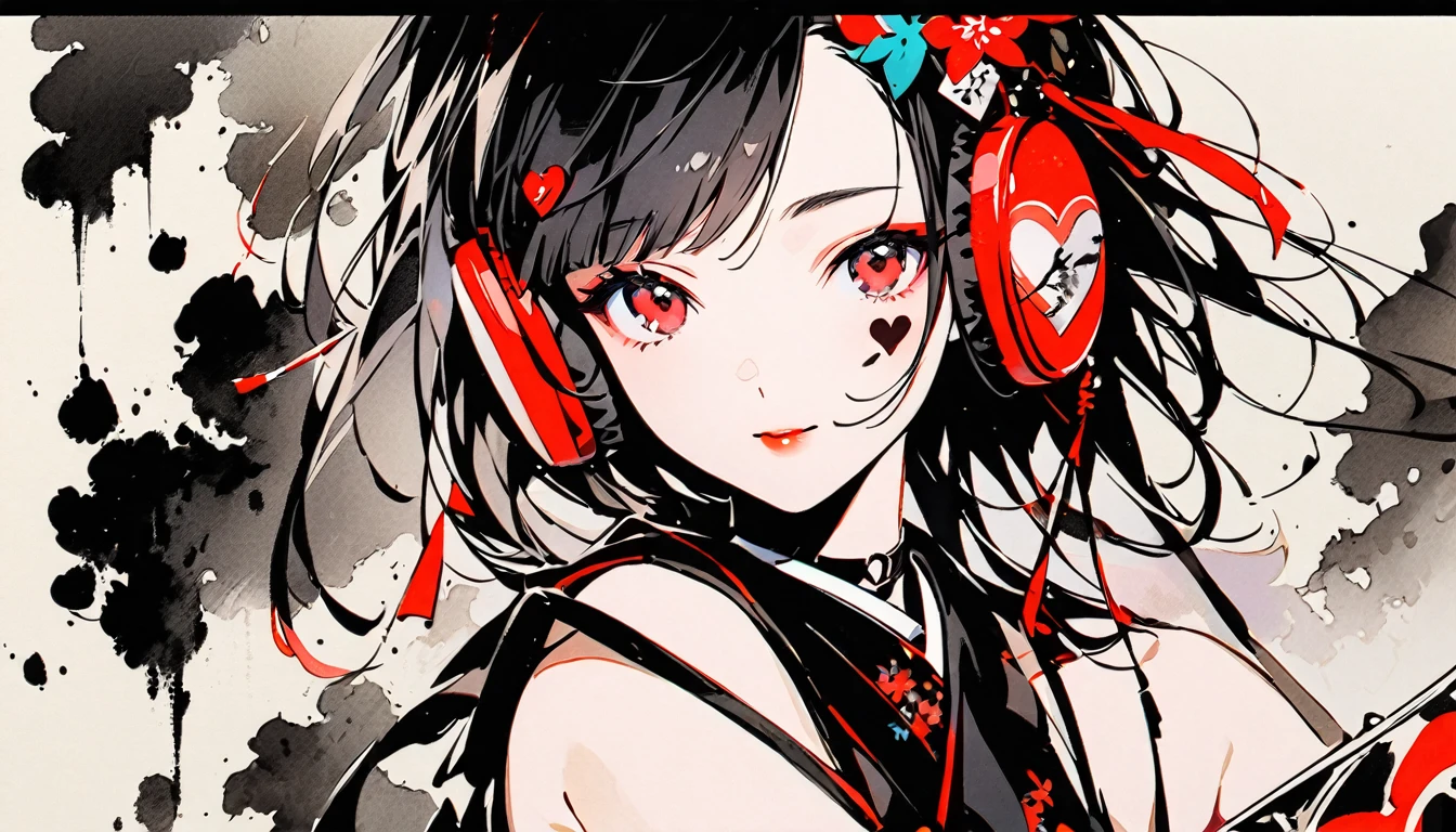 (((Ink Painting))), Fashion portrait color photos, (((1 girl))), (((Heart tattoo on face))), (((Gorgeous hair accessories))), Japanese style headphones, Playing the drum, Japanese beautiful girl, Black Hair