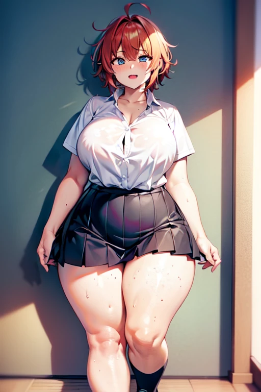  ((4k)), ((high quality)), Ginger hair, blue eyes, rounded rear, medium sized breast, thick thighs, wide hips, tall, freckles, at school, classroom scenario, walking, close to viewer, short tomboyish hair, tomboy, messy hair, white scholar shirt, school skirt, school formal shoes, one girl, ginger  dark orange haired, beautiful, cute, blushing, five fingers, cute, chubby, soft chubby, smiling shily, big soft legs, freckles on face. Freckles on legs, messy hair tomboy style 